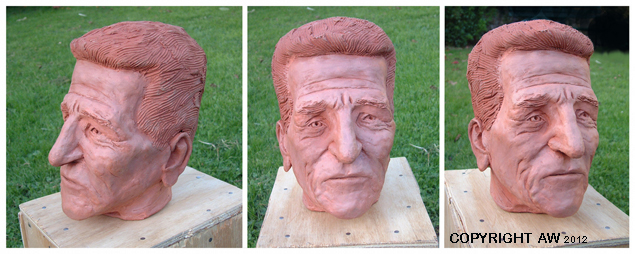 three views of sculpted head portrait, terracotta, approximate life-size, 2012  